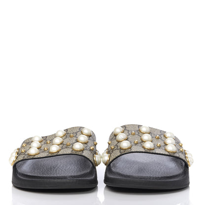 Gucci GG Supreme Monogram Slide Pearls Sandals 39 Beige 2 of 6