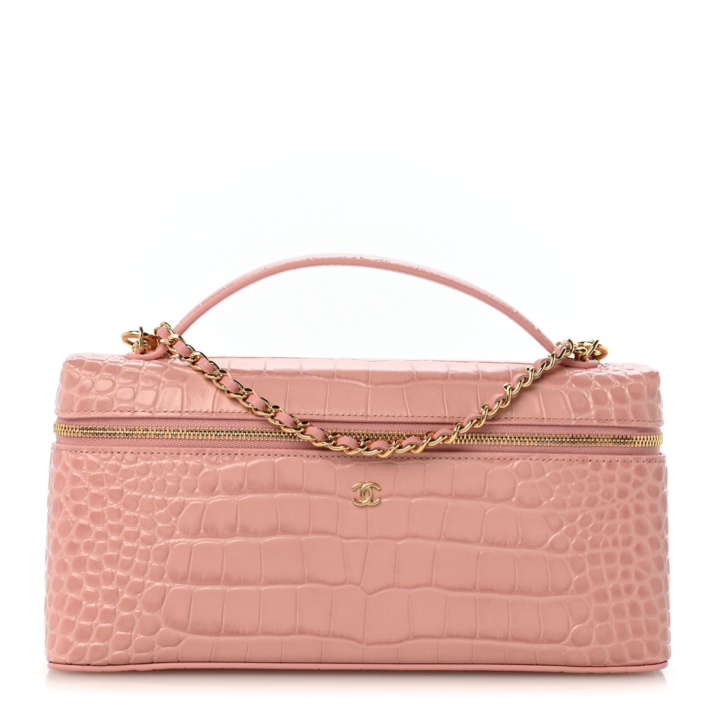 Calfskin Crocodile Embossed Crococo Top Handle East West Vanity Case With Chain Pink