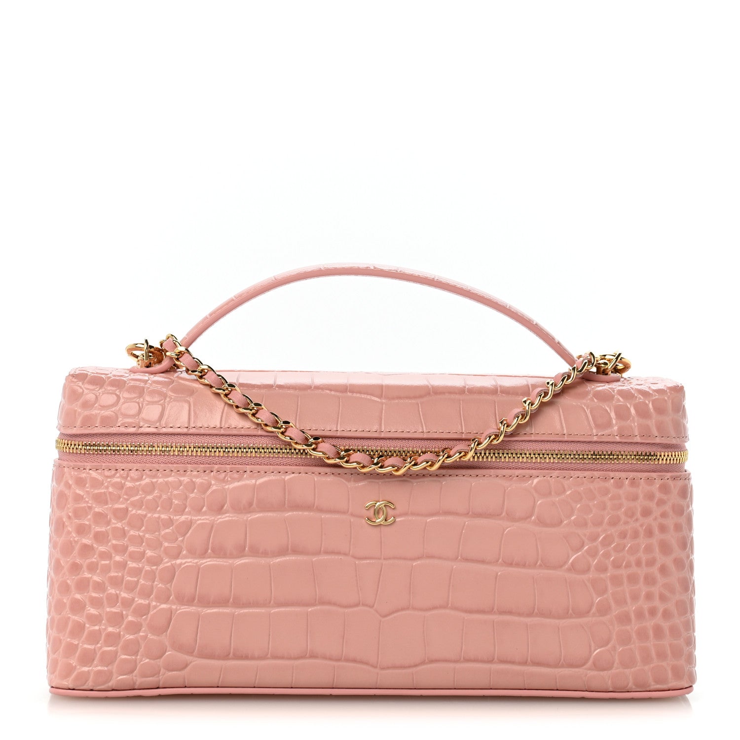 Chanel Calfskin Crocodile Embossed Crococo Top Handle East West Vanity Case With Chain Pink 1 of 11