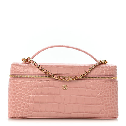 Chanel Calfskin Crocodile Embossed Crococo Top Handle East West Vanity Case With Chain Pink 1 of 11