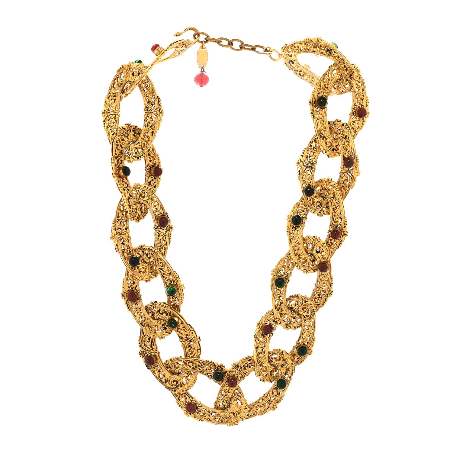 Chanel Metal Gripoix Filigree Chain Link Necklace Red Green Gold 3 of 4
