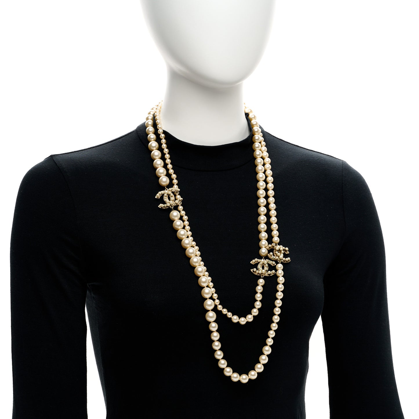 Graduated Pearl Long CC Necklace Gold