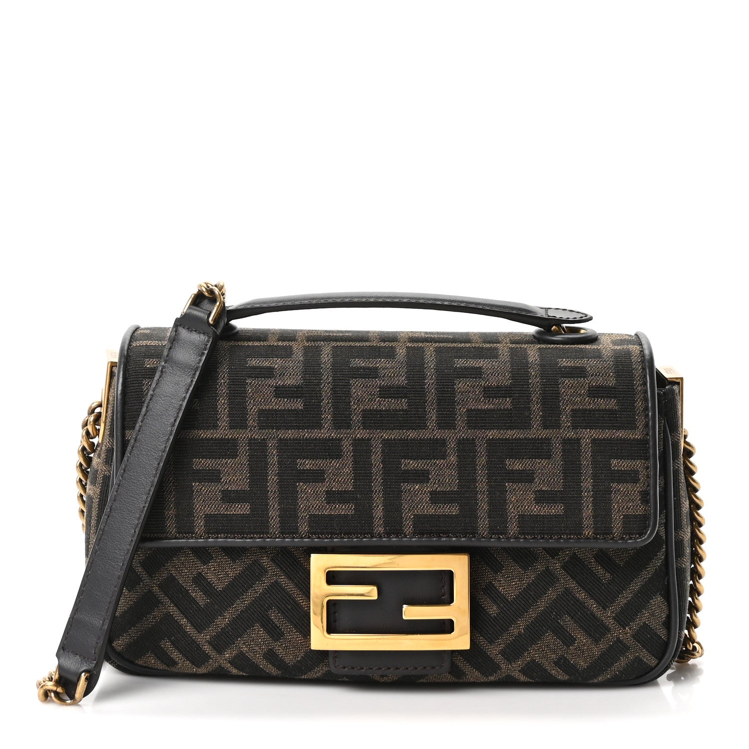 Fendi Fabric Jacquard FF 1974 Midi Chain Baguette Tobacco Moro 1 of 10