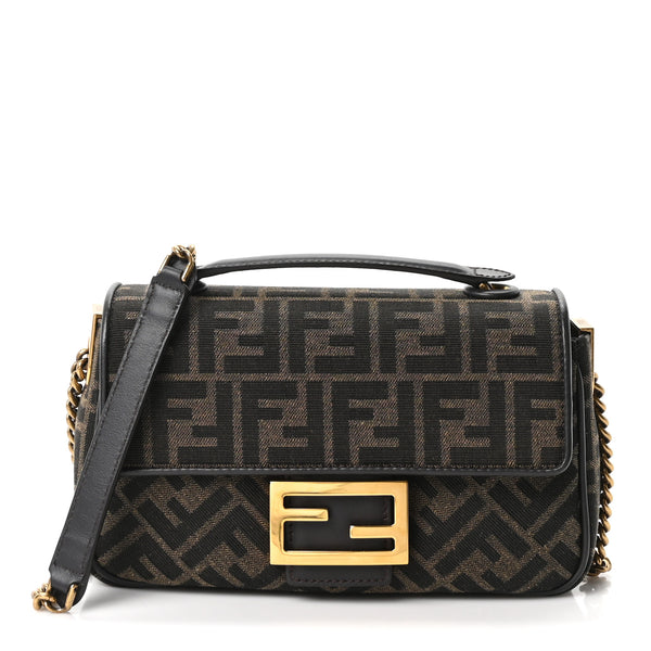 Fendi Fabric Jacquard FF 1974 Midi Chain Baguette Tobacco Moro