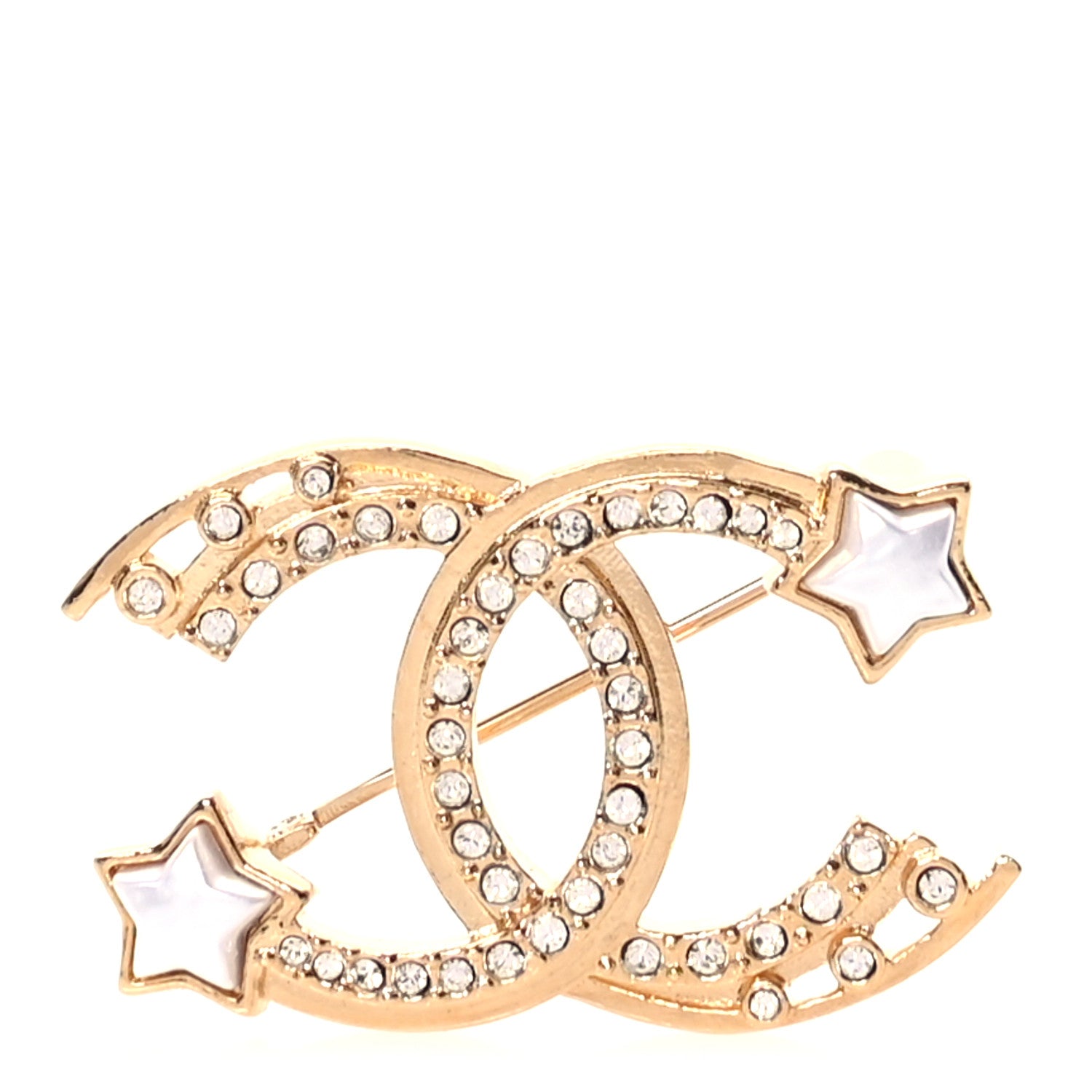 Chanel Metal Crystal Pearl CC Star Brooch Gold Pearly White 1 of 3
