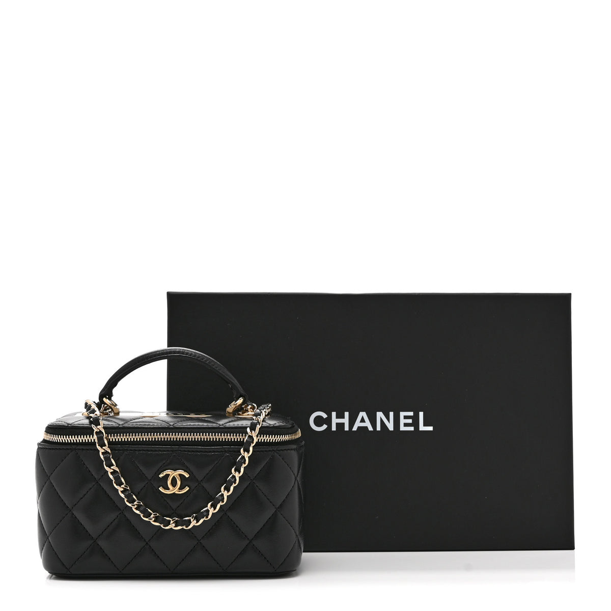 Lambskin Quilted Trendy Small Top Handle Vanity Case With Chain Black