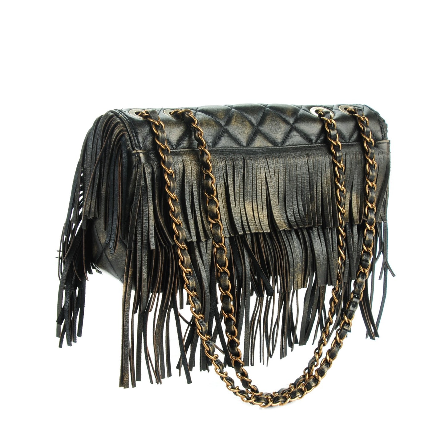 Metallic Calfskin Quilted Large Into The Fringe Flap Black