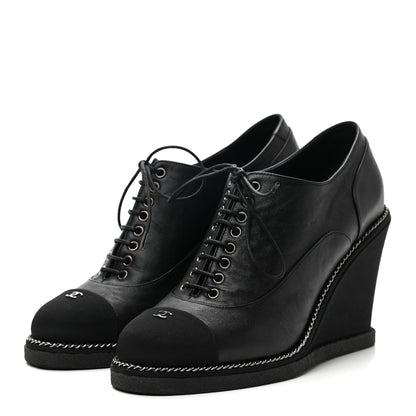 Chanel Metallic Lambskin Grosgrain Cap Toe Lace Up Wedge Booties 37 Black 3 of 7