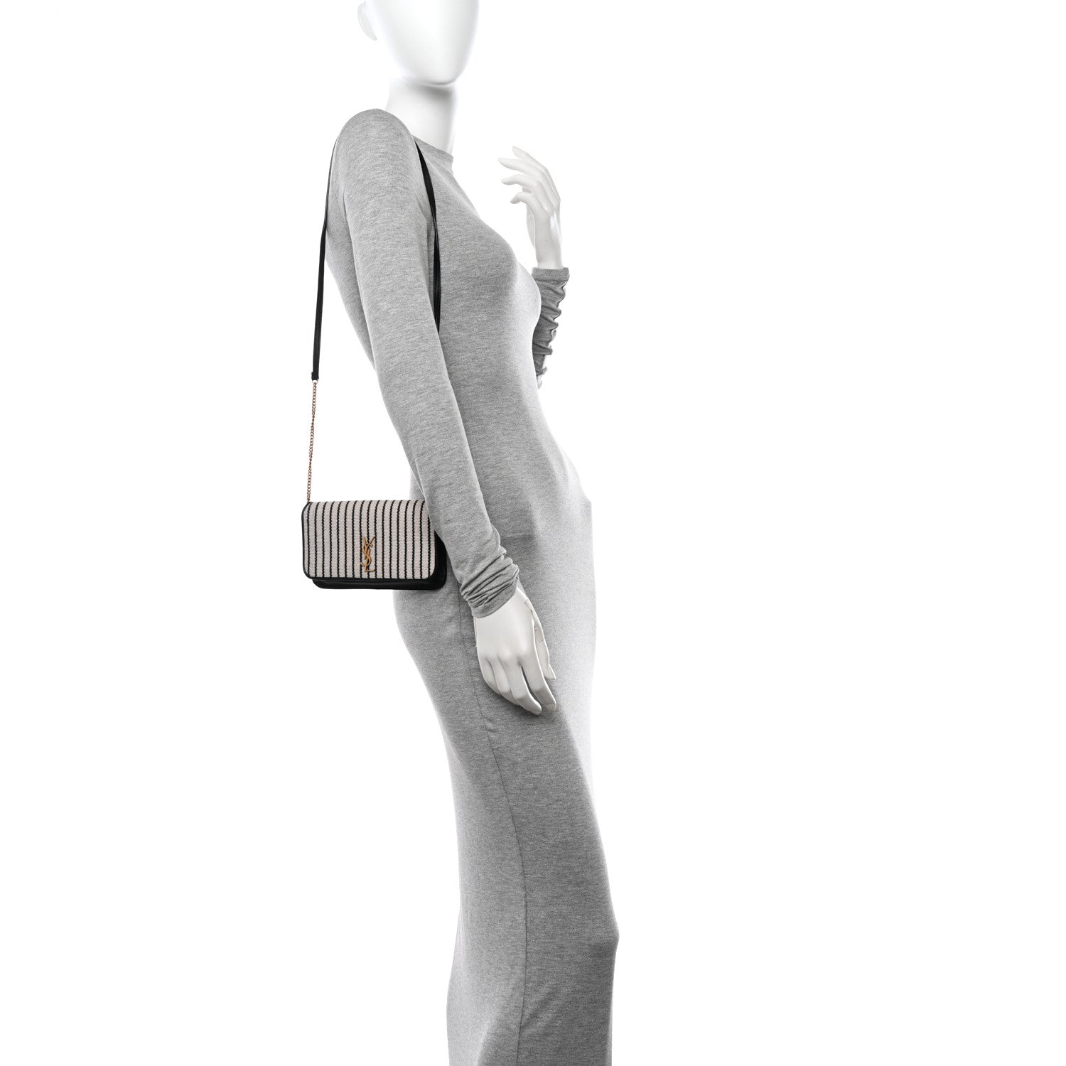Saint Laurent Canvas Striped Phone Holder Crossbody Beige Black 2 of 10