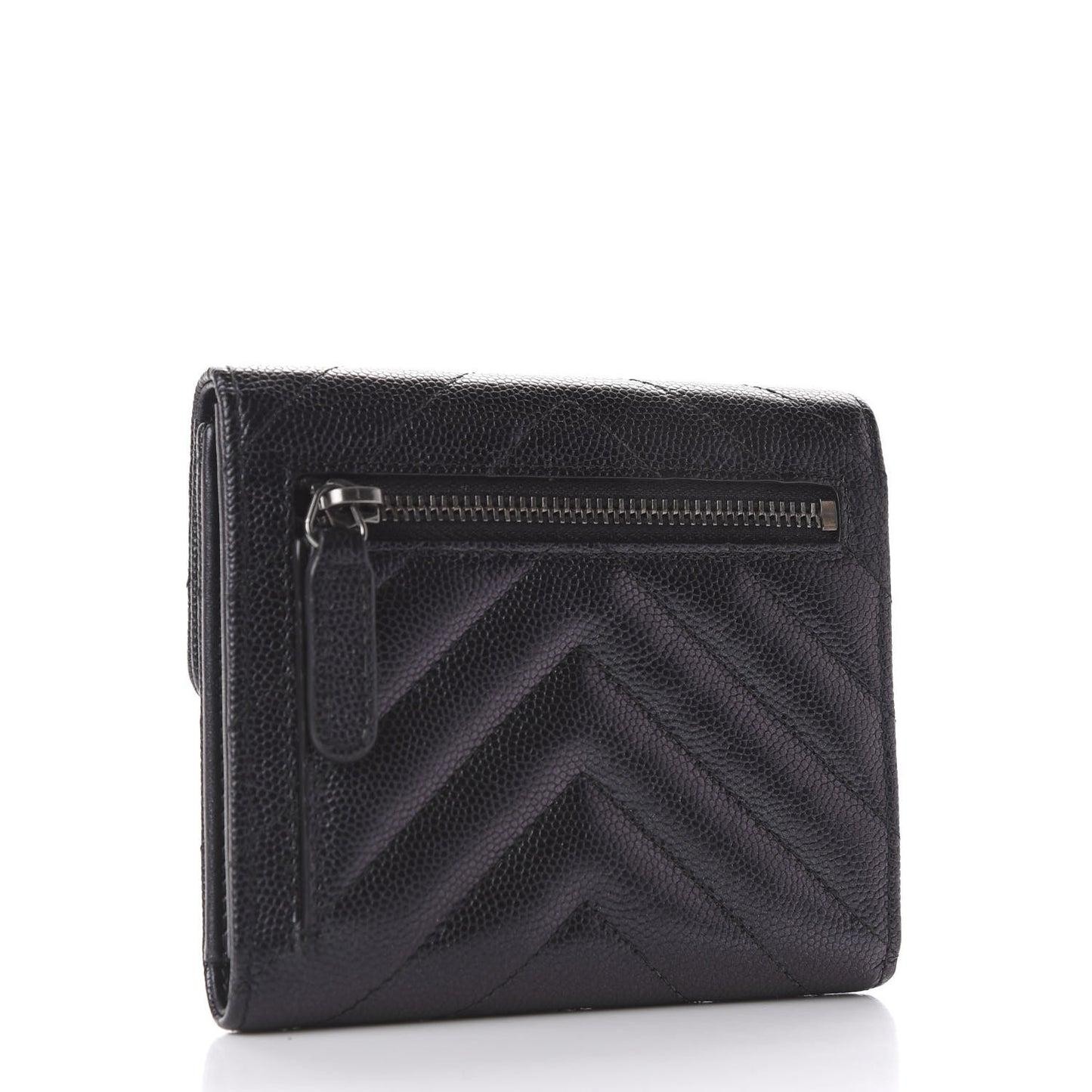 Iridescent Caviar Chevron Quilted Compact Flap Wallet Black