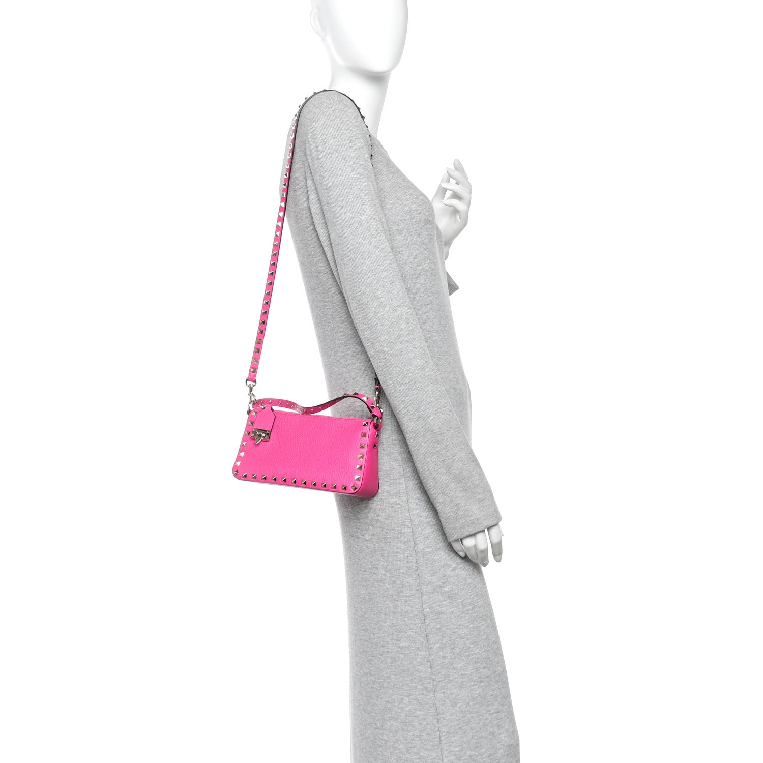 Valentino Garavani Pebbled Calfskin Small Rockstud Flip Lock Shoulder Bag Fuxia 2 of 9
