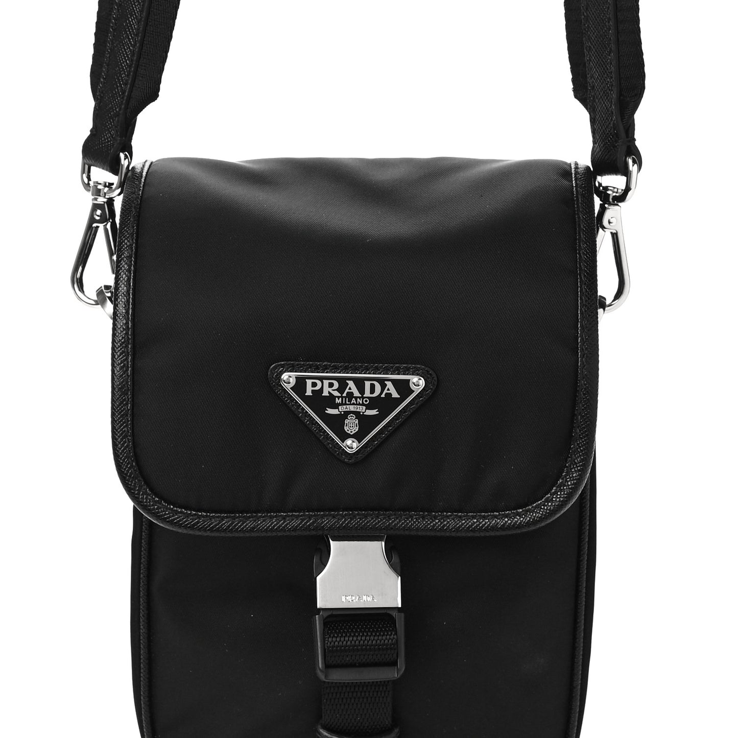 Re-Nylon Saffiano Mini Pocket Single Snap Buckle Messenger Bag Black