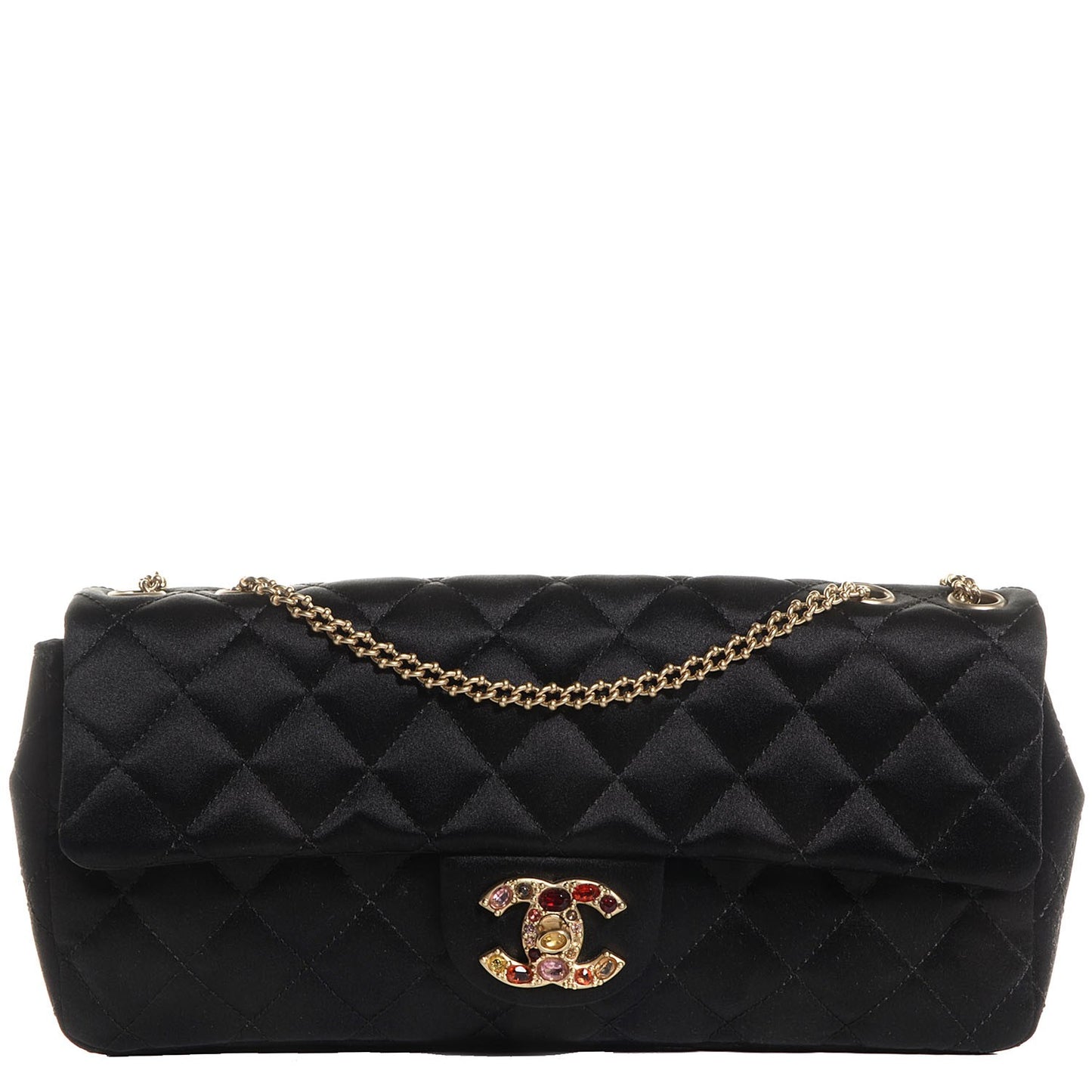 Satin Quilted Jeweled East West Flap Black