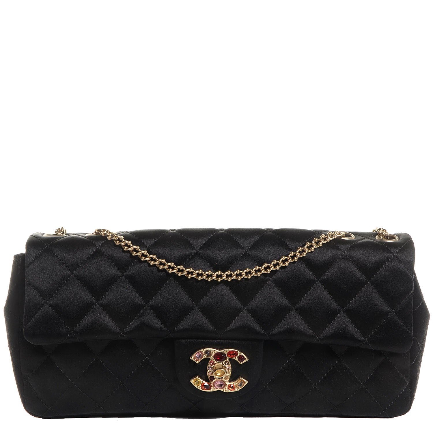 Chanel Satin Quilted Jeweled East West Flap Black 1 of 8