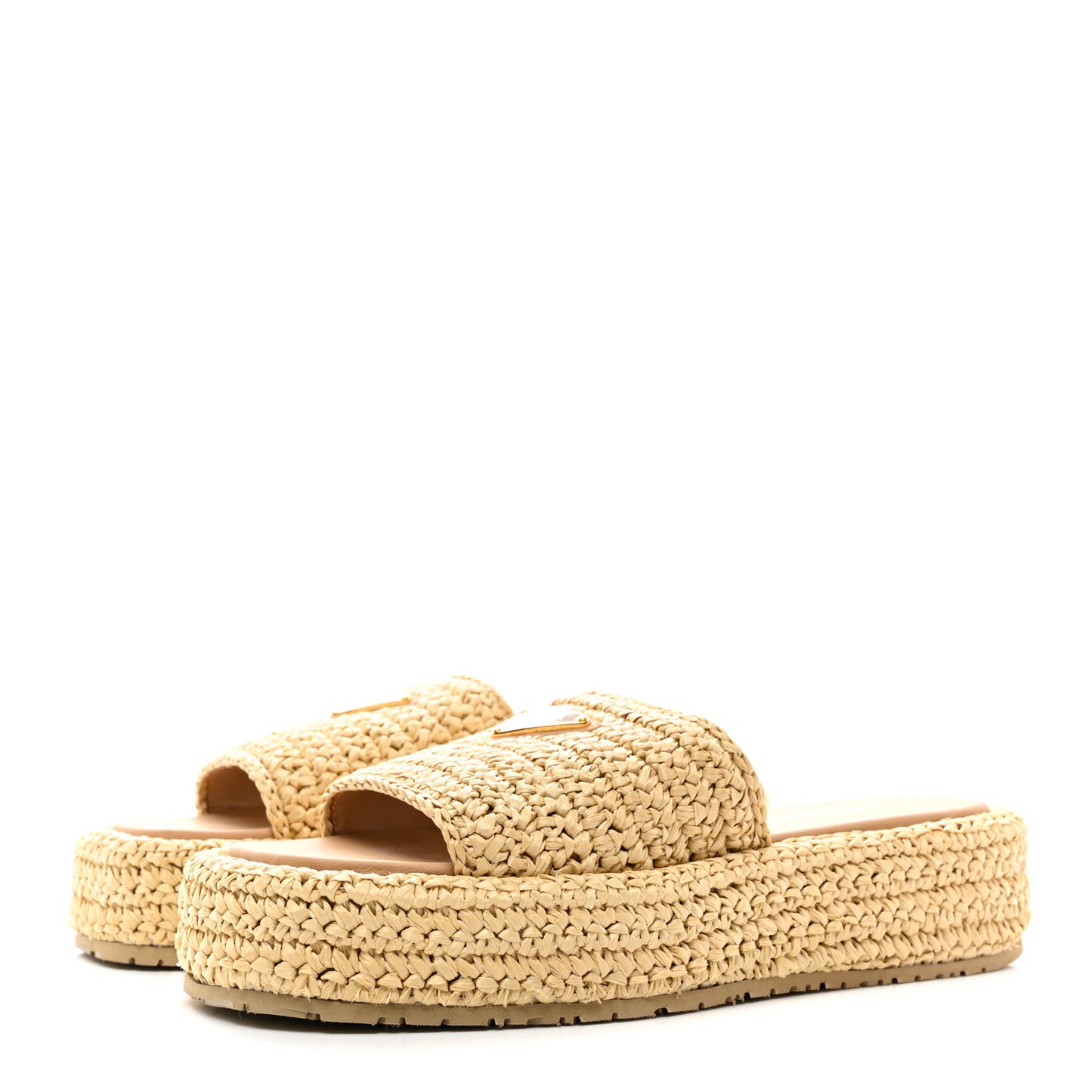 Raffia Metal Triangle Logo Woven Flatform 35mm Slide Sandals 38 Naturale