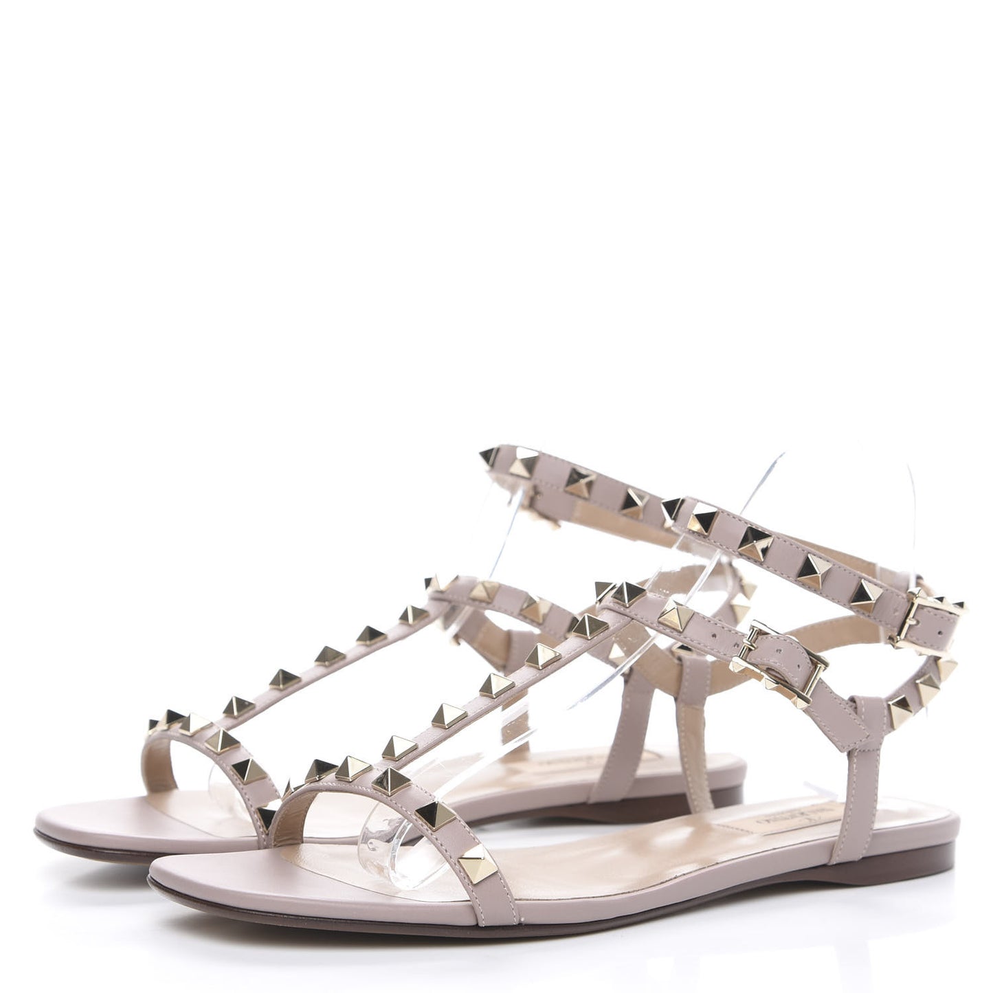 Calfskin Rockstud Ankle T-Strap Flat Sandals 38 Poudre