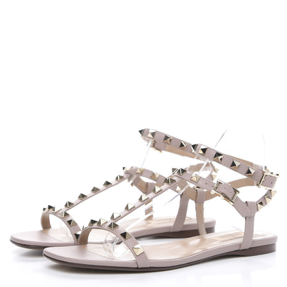 Valentino Garavani Calfskin Rockstud Ankle T-Strap Flat Sandals 38 Poudre 3 of 10