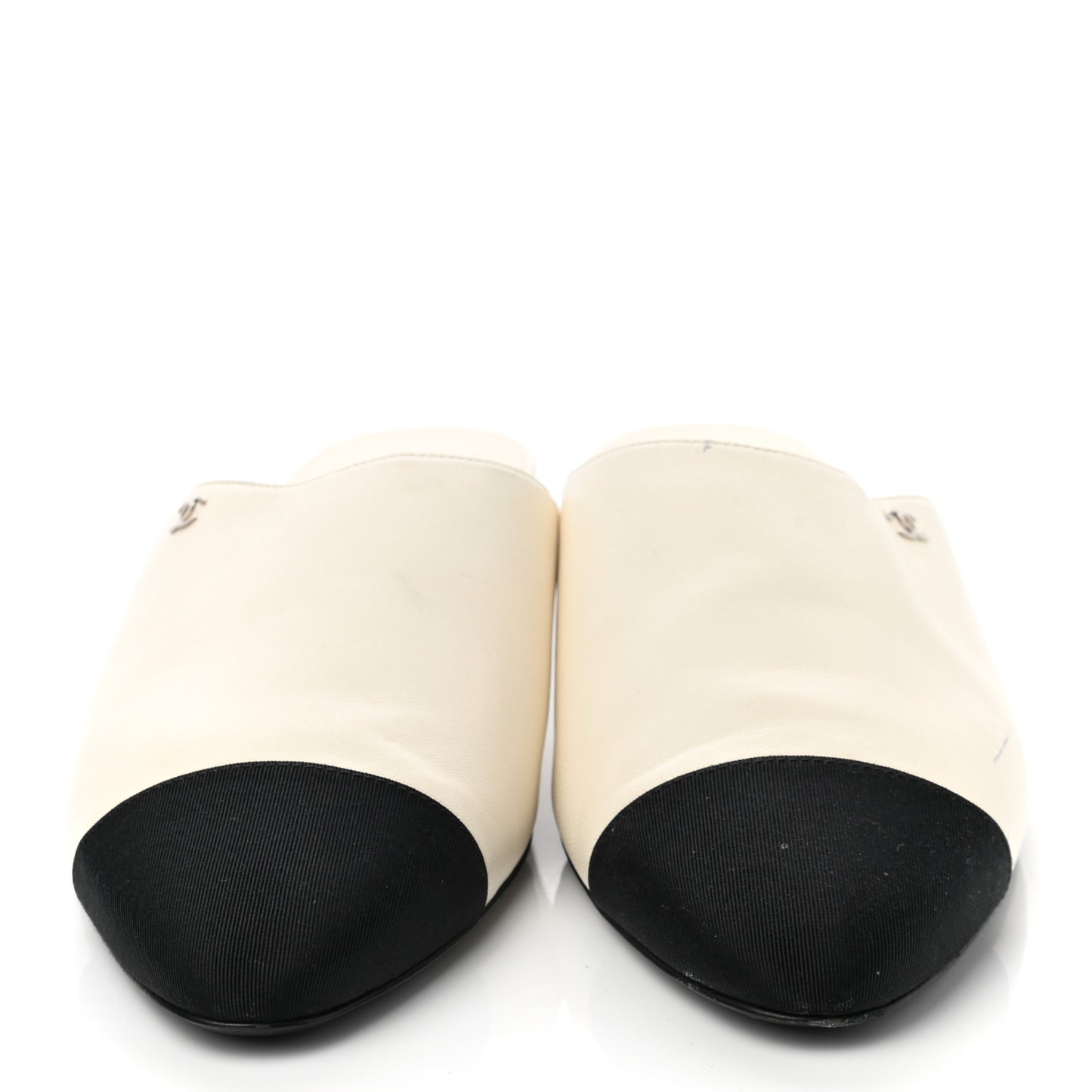 Lambskin Grosgrain Cap Toe CC Mules 39.5 White Black