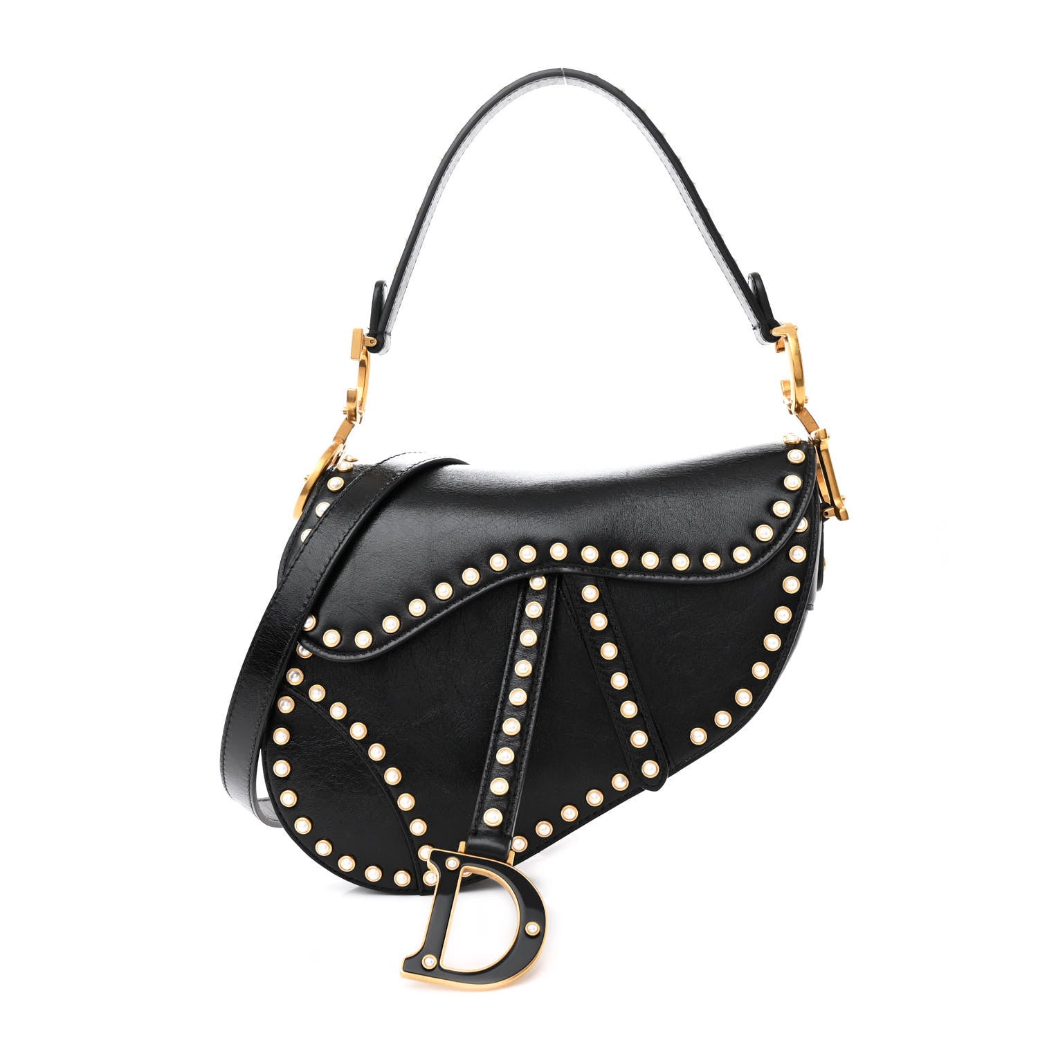 Christian Dior Crinkled Patent Lambskin Studded Saddle Bag With Strap Black 1 of 10