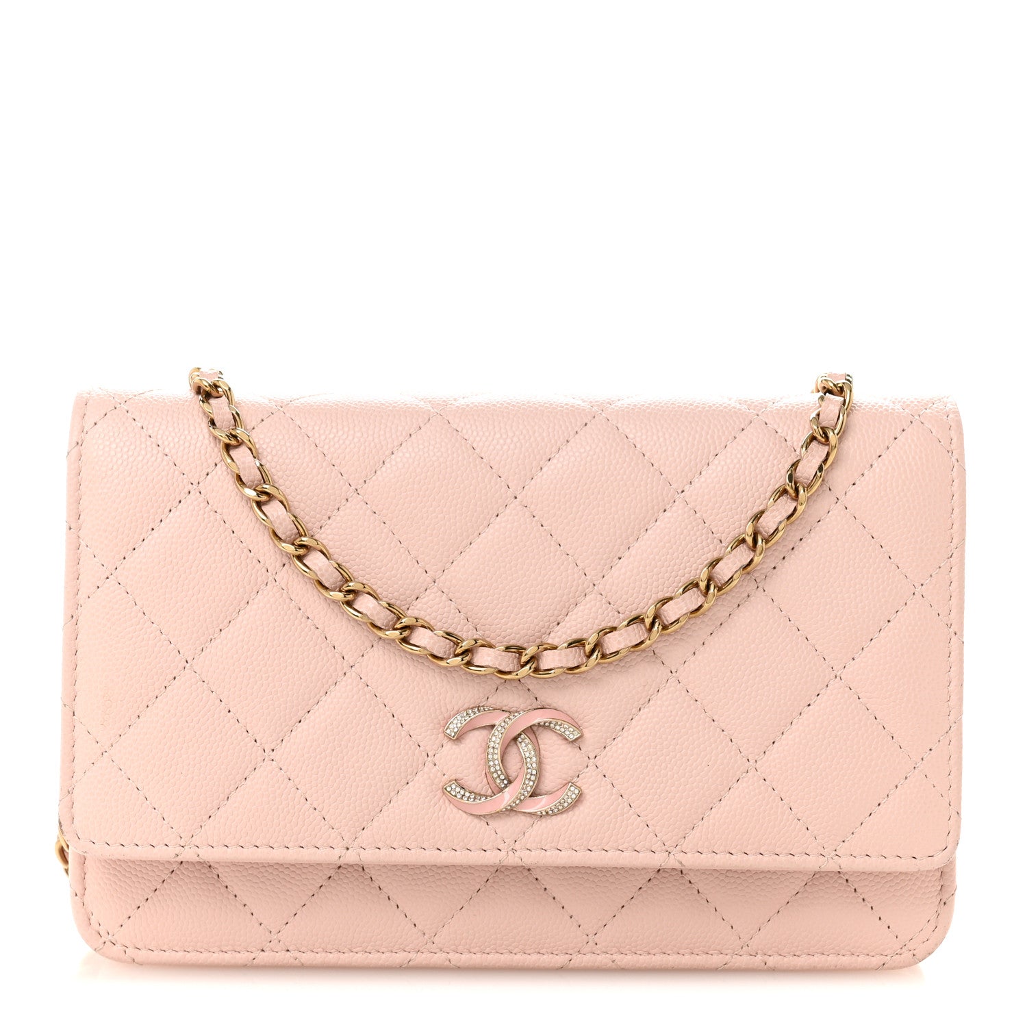 Chanel Caviar Quilted Crystal Enamel CC Wallet On Chain WOC Light Pink 1 of 15