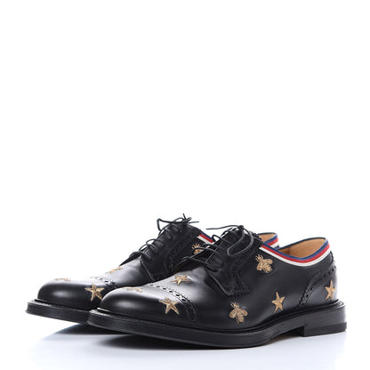 Gucci Calfskin Bee Star Embroidered Mens Captoe Derby Loafers 7.5 Black 3 of 9