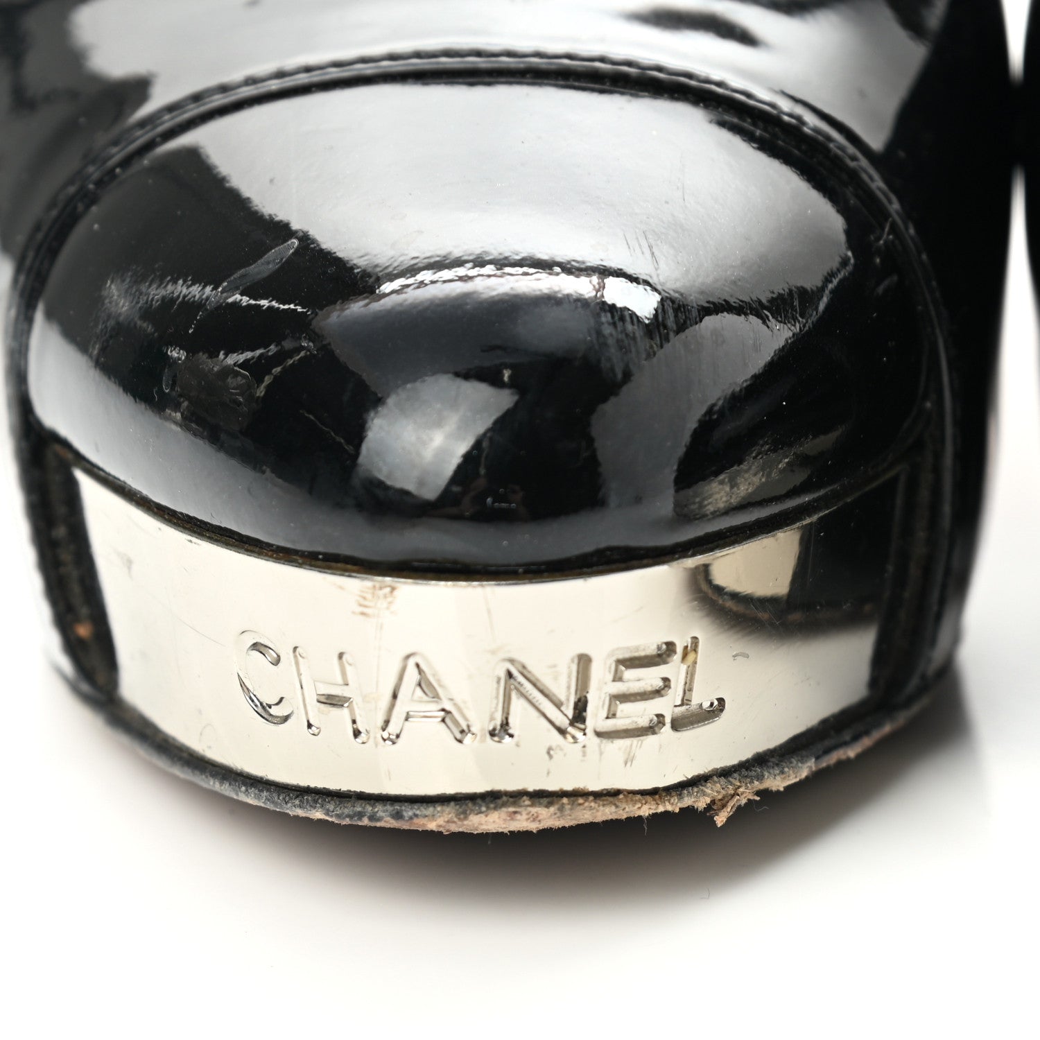 Chanel Patent Silver Cap Toe CC Pumps 38.5 Black 11 of 15