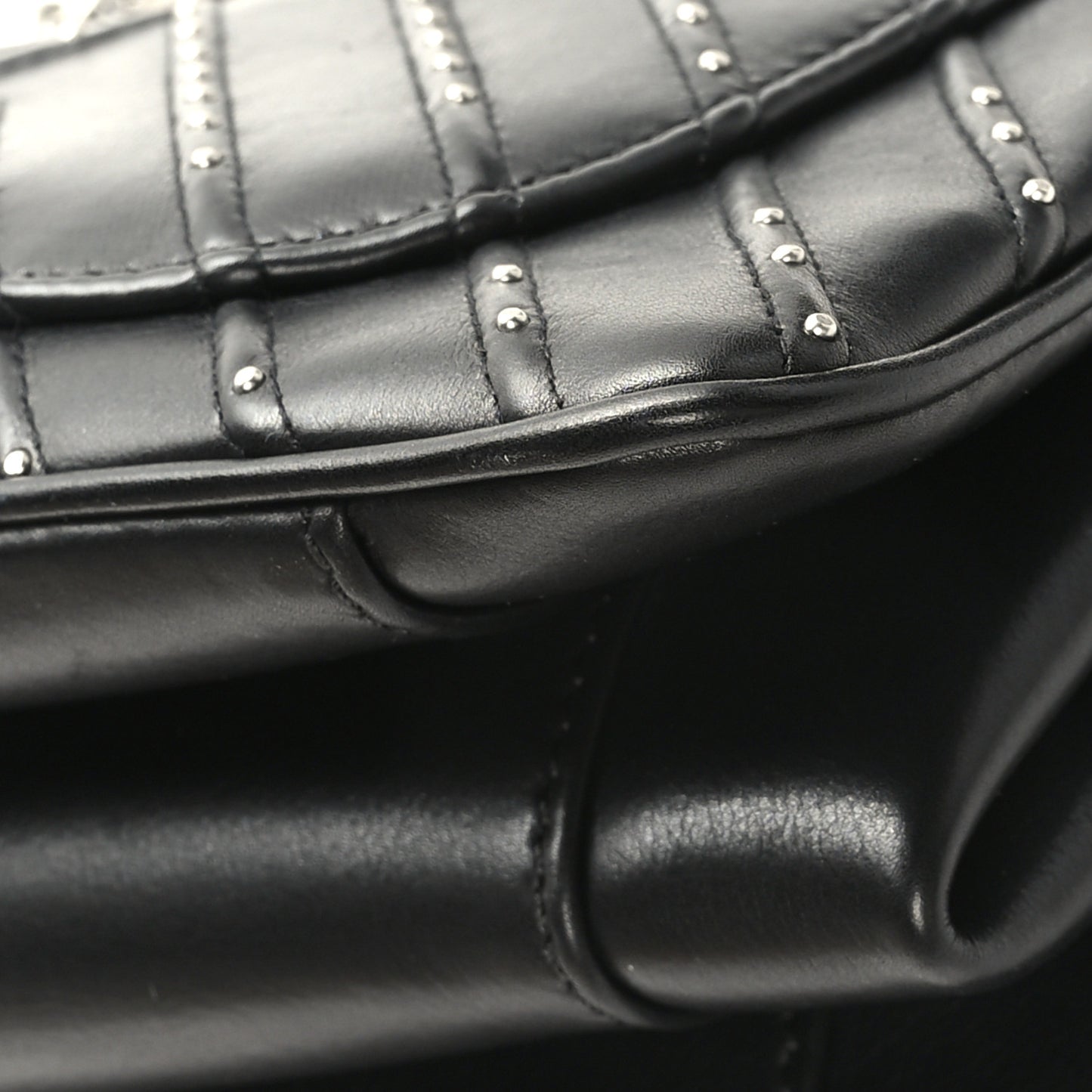 Calfskin Studded Chevron Quilted Flap Black