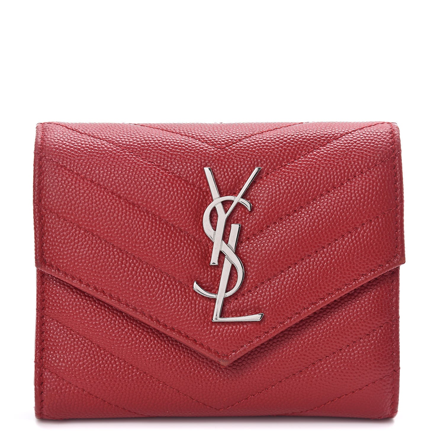 Saint Laurent Grain De Poudre Matelasse Chevron Monogram Compact Tri Fold Wallet Red 1 of 7