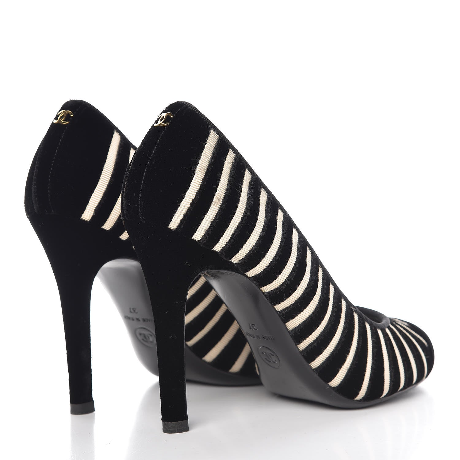 Chanel Velvet Stripe Cap Toe Pumps 37 Black Beige 4 of 12