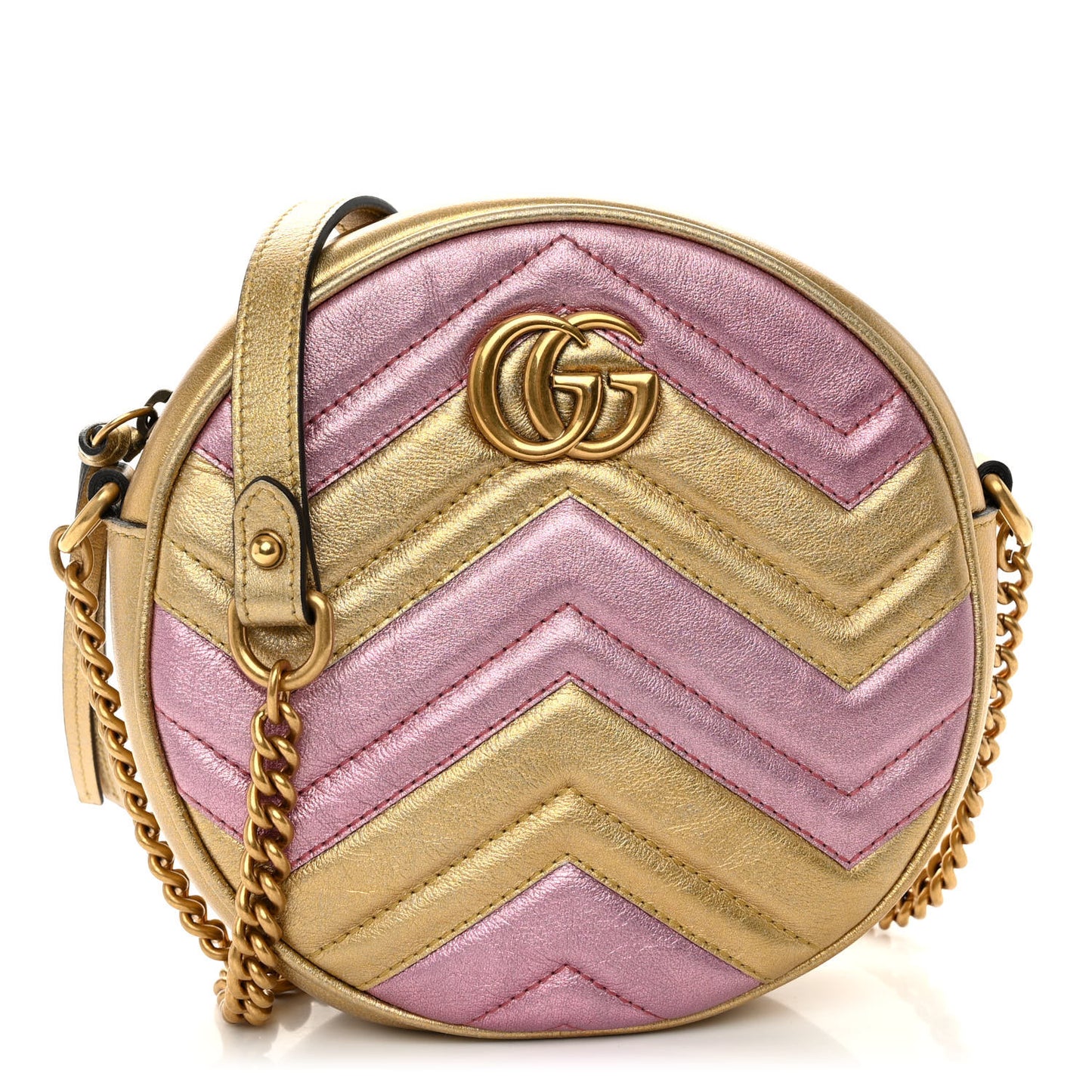 Metallic Nappa Matelasse Heart Mini GG Marmont Round Shoulder Bag Oro Vecchio Rosa