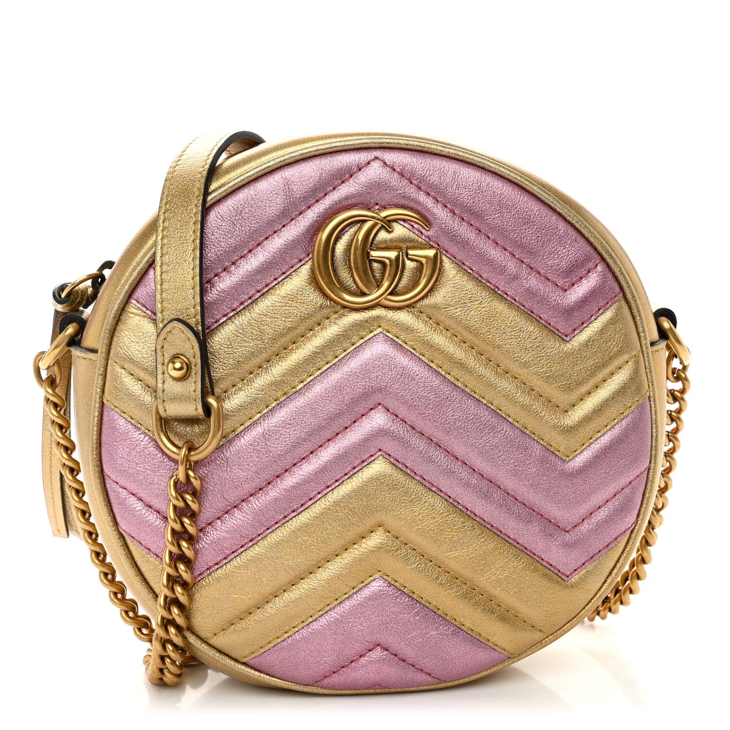 Gucci Metallic Nappa Matelasse Heart Mini GG Marmont Round Shoulder Bag Oro Vecchio Rosa 1 of 11