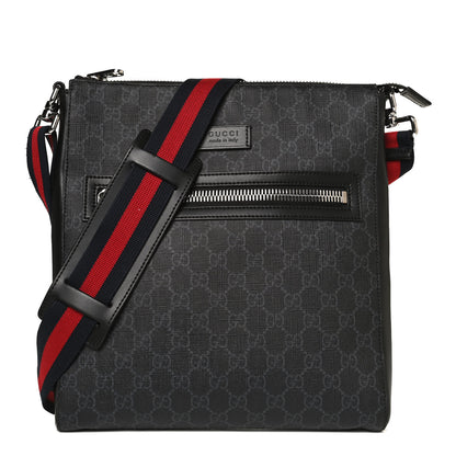 Gucci GG Supreme Monogram Appia Calfskin Web Flat Messenger Bag Black Grey 1 of 12