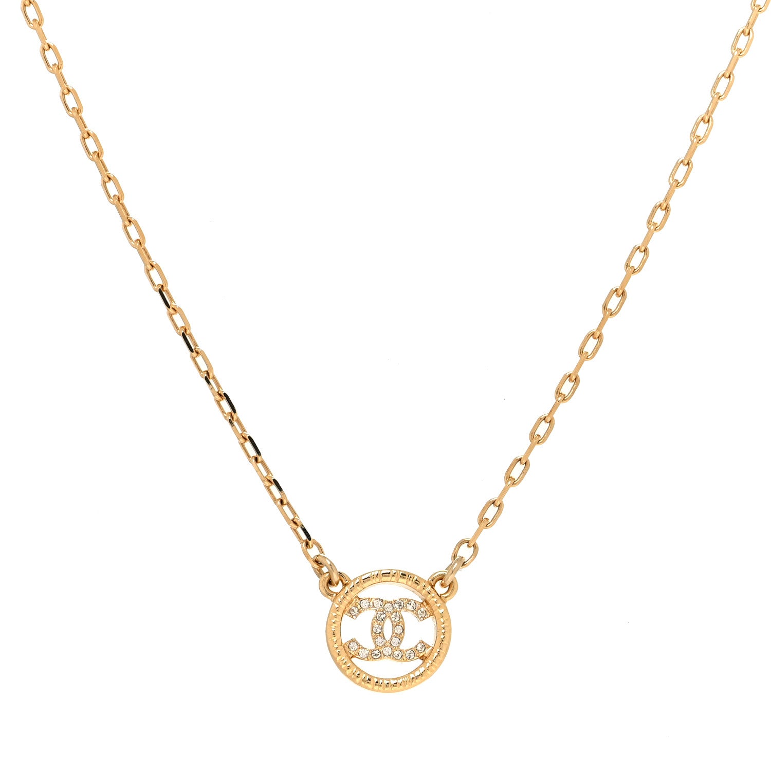 Chanel Crystal Metal CC Round Pendant Necklace Gold 1 of 5