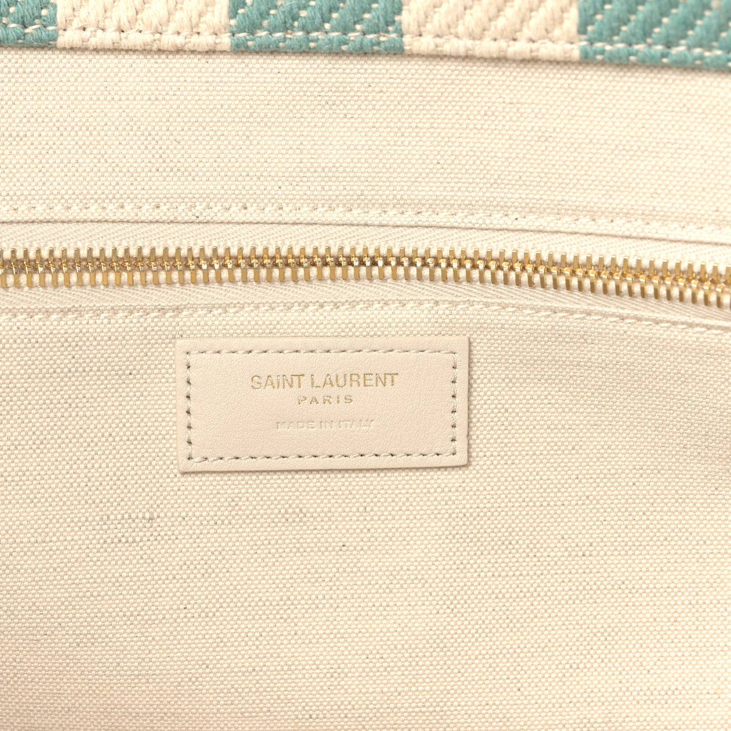 Cotton Linen Calfskin Striped Rive Gauche Tote Water Green