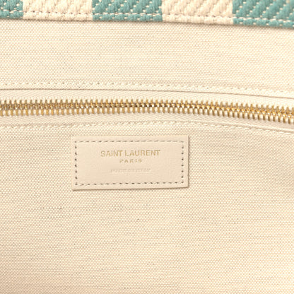 Saint Laurent Cotton Linen Calfskin Striped Rive Gauche Tote Water Green 6 of 8