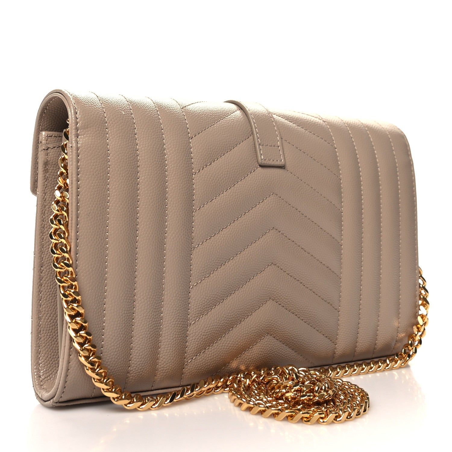 Saint Laurent Grain De Poudre Mixed Matelasse Triquilt Monogram Chain Wallet Dark Beige 3 of 12