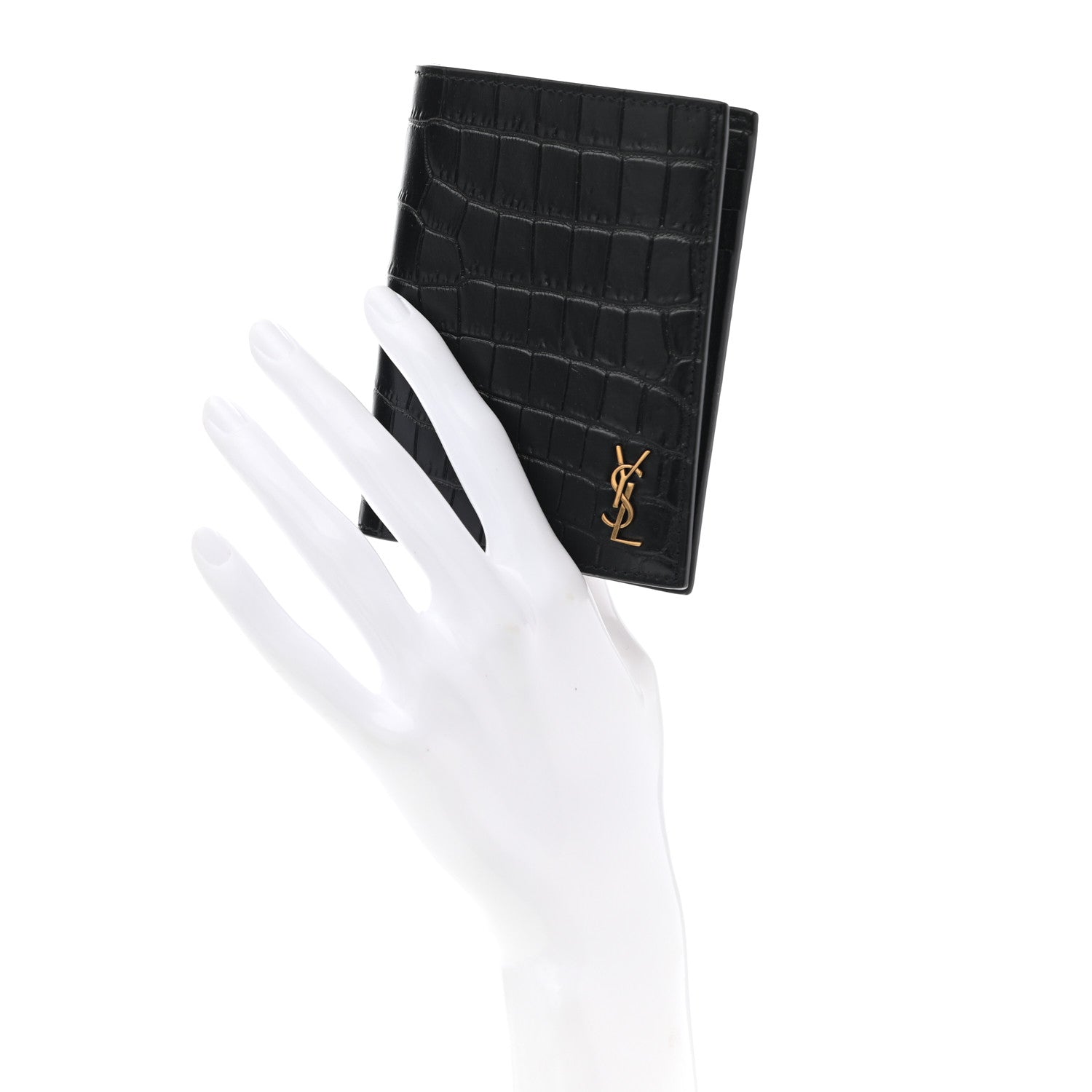 Saint Laurent Calfskin Crocodile Embossed Tiny Monogram Credit Card Wallet Black 2 of 7