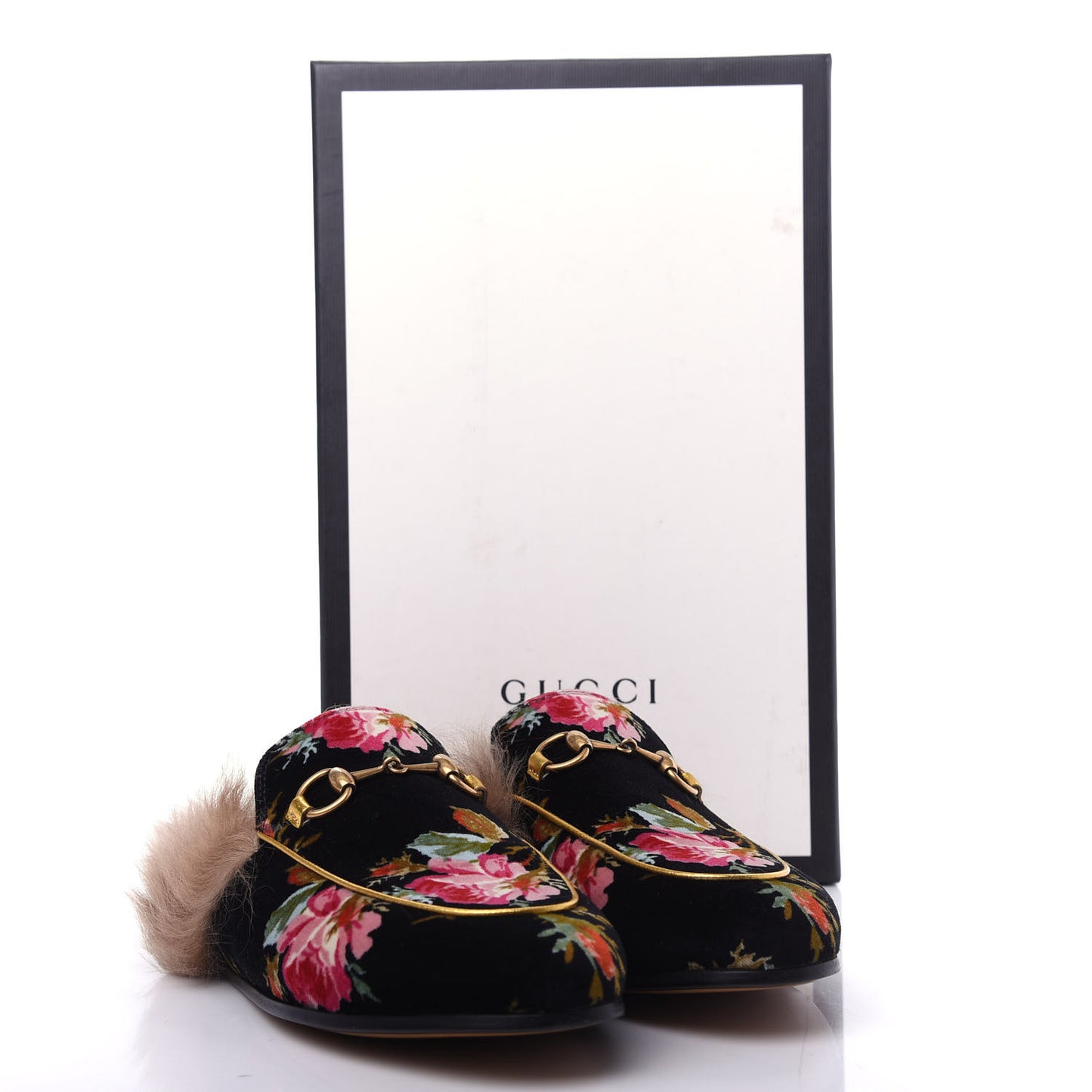 Velvet Fur Floral Womens Princetown Slippers 37 Black