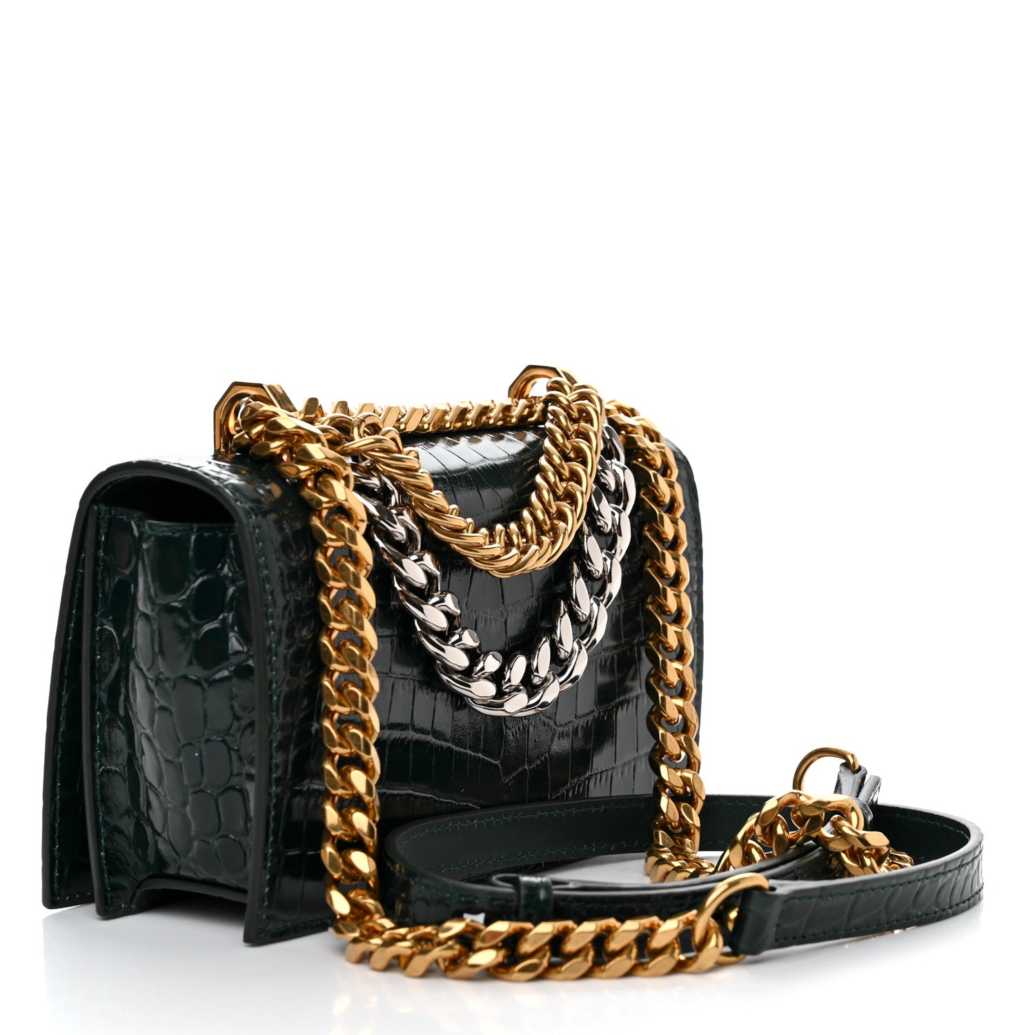 Alexander McQueen Calfskin Crocodile Embossed Knuckle Shoulder Bag Emerald 3 of 10