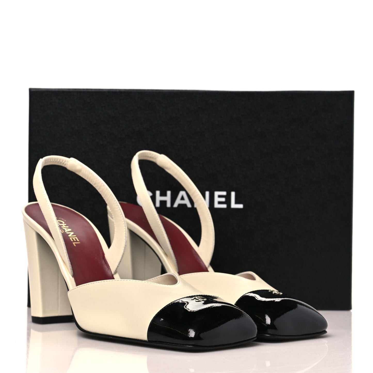 Lambskin Patent Calfskin Cap Toe CC Slingback Pumps 40 Ivory Black