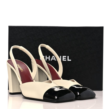 Chanel Lambskin Patent Calfskin Cap Toe CC Slingback Pumps 40 Ivory Black 10 of 10
