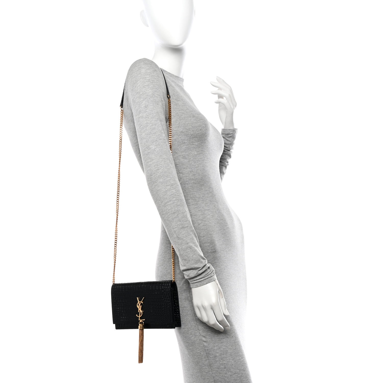 Saint Laurent Calfskin Crocodile Embossed Kate Monogram Tassel Chain Wallet Black 2 of 12
