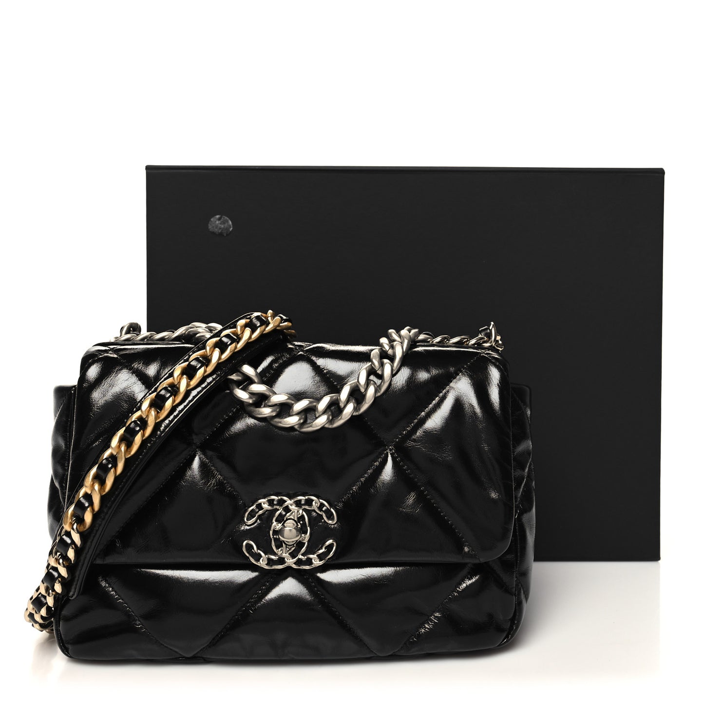 Shiny Crumpled Calfskin Quilted Medium Chanel 19 Flap Black