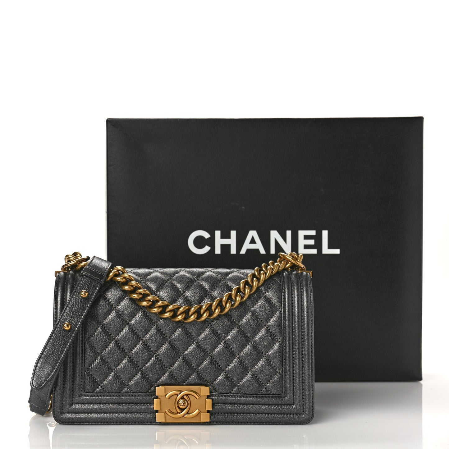 Metallic Calfskin Quilted Medium Boy Flap Grey