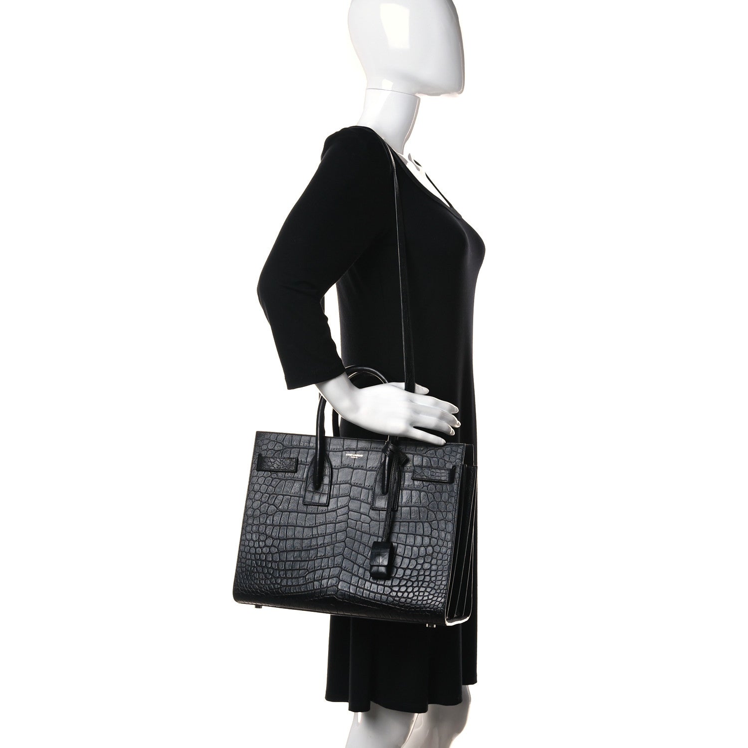 Saint Laurent Calfskin Crocodile Embossed Small Sac de Jour Black 2 of 10