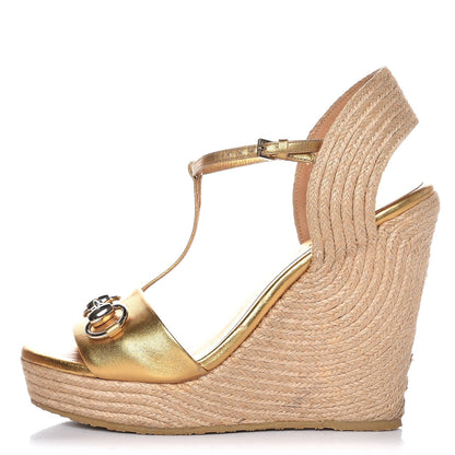 Gucci Nappa Silk Horsebit Espadrille Wedge Sandals 36 New Oro Rutenio 1 of 15