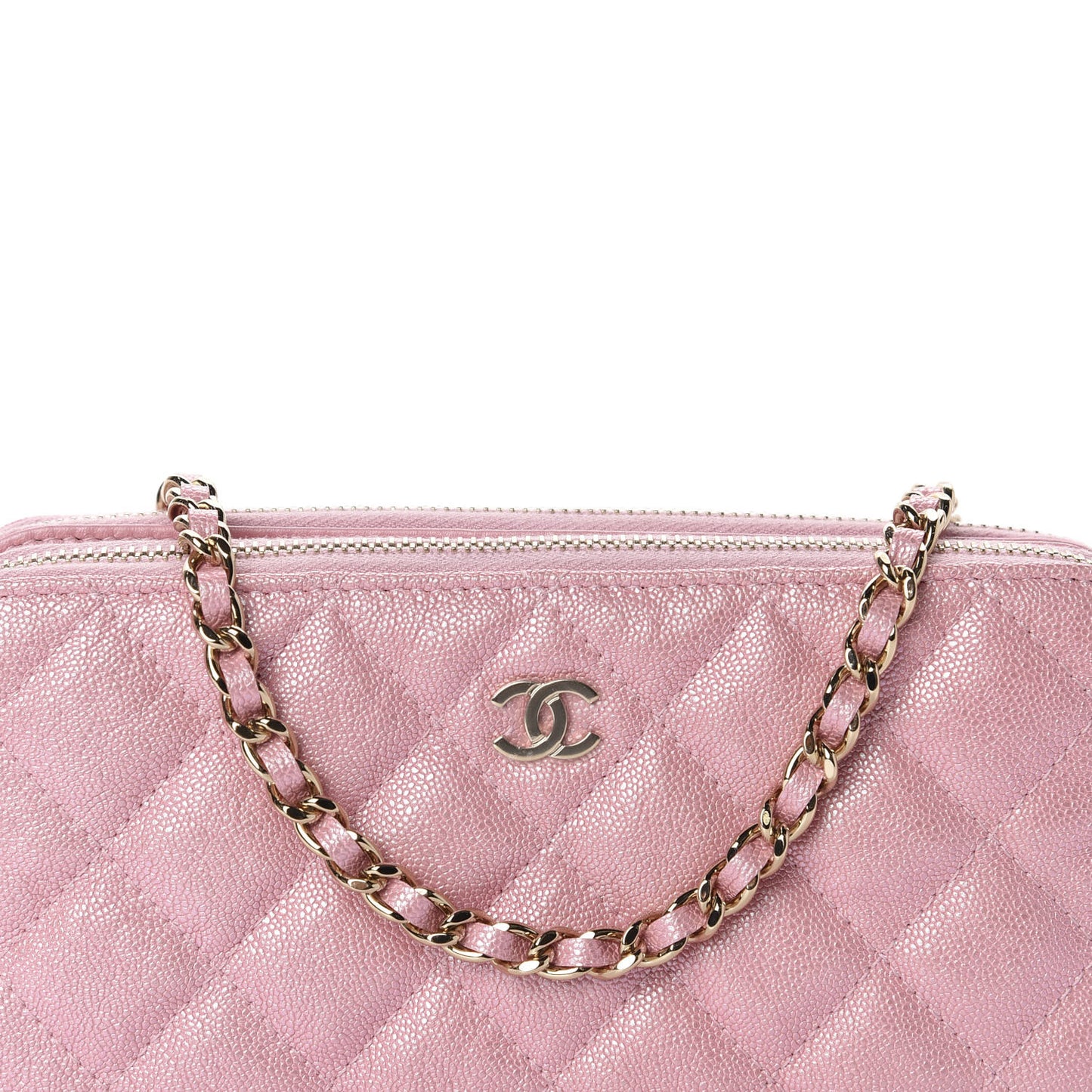 Iridescent Caviar Quilted Small Clutch With Chain Pink