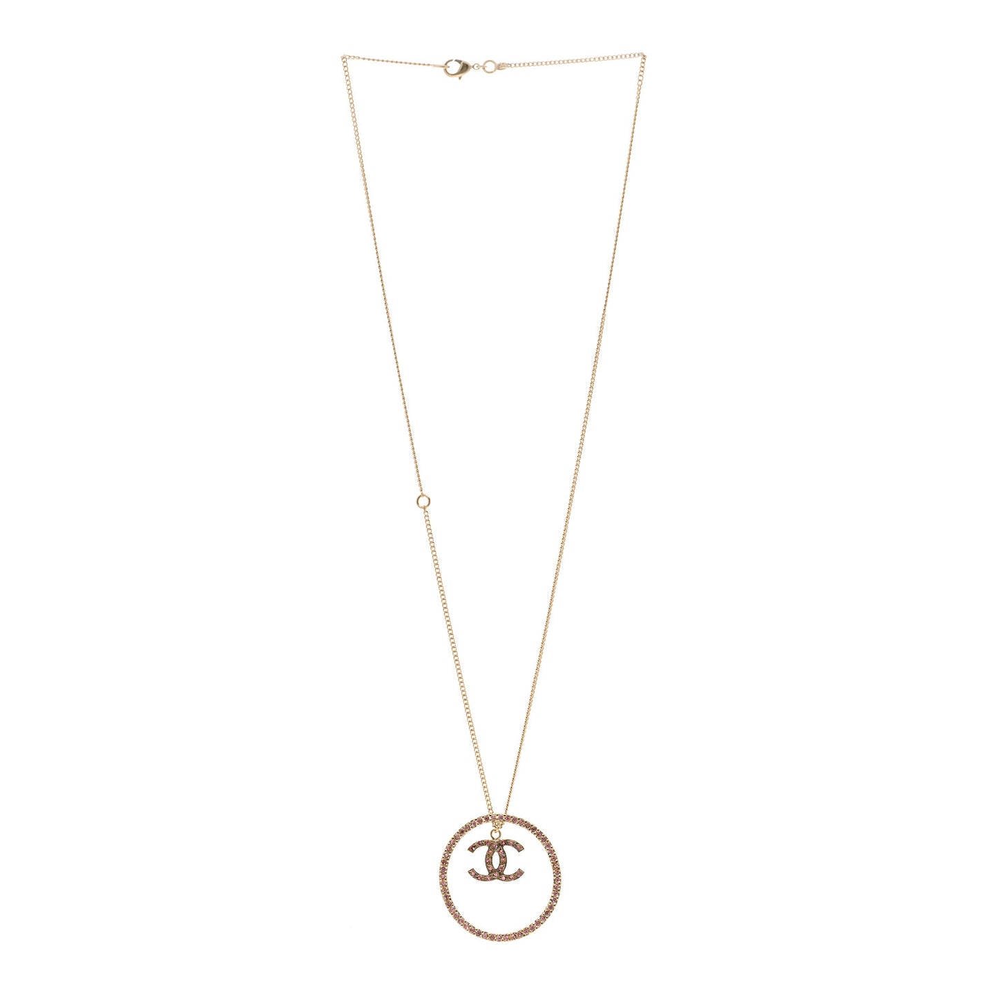 Crystal CC Long Pendant Necklace Gold Pink