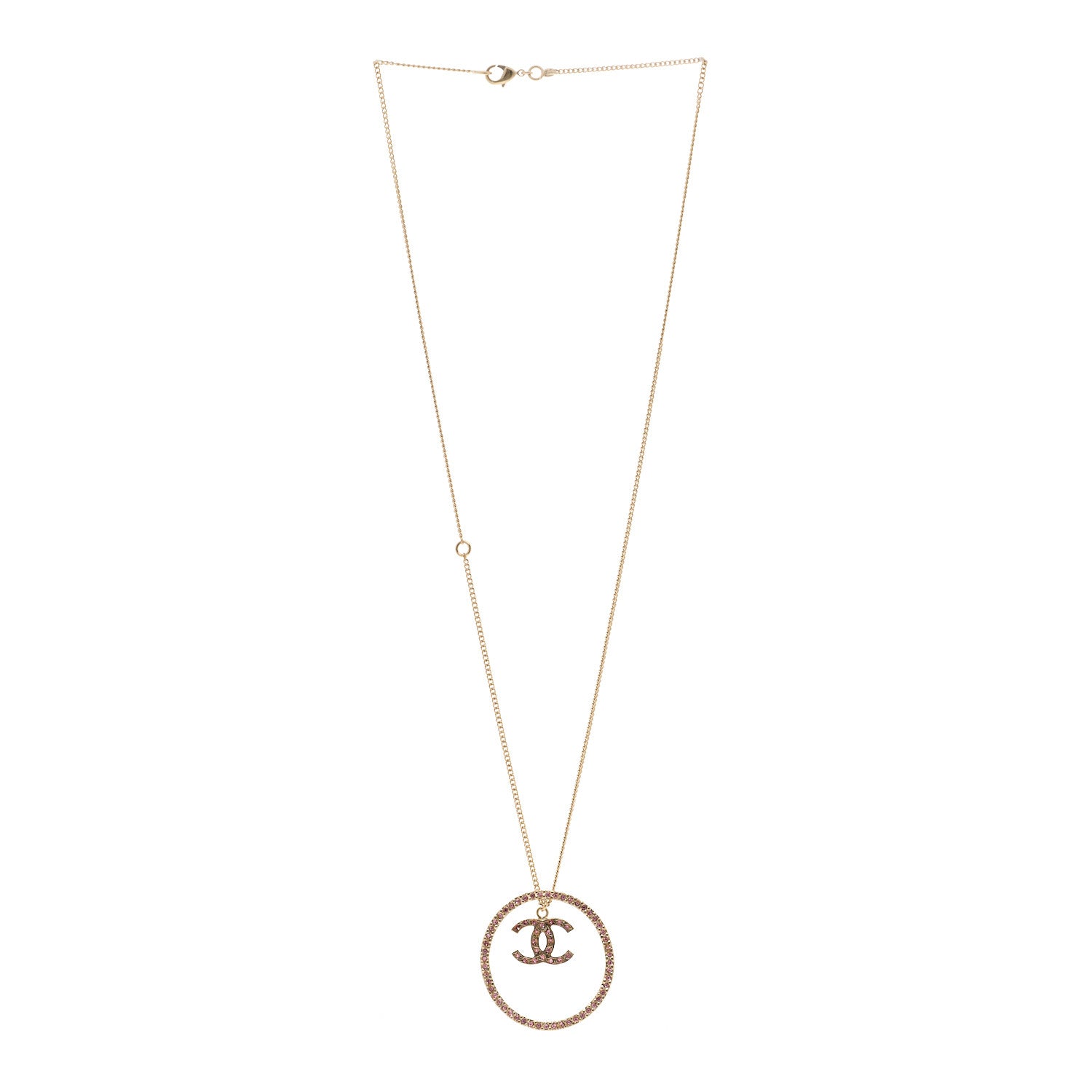 Chanel Crystal CC Long Pendant Necklace Gold Pink 3 of 5