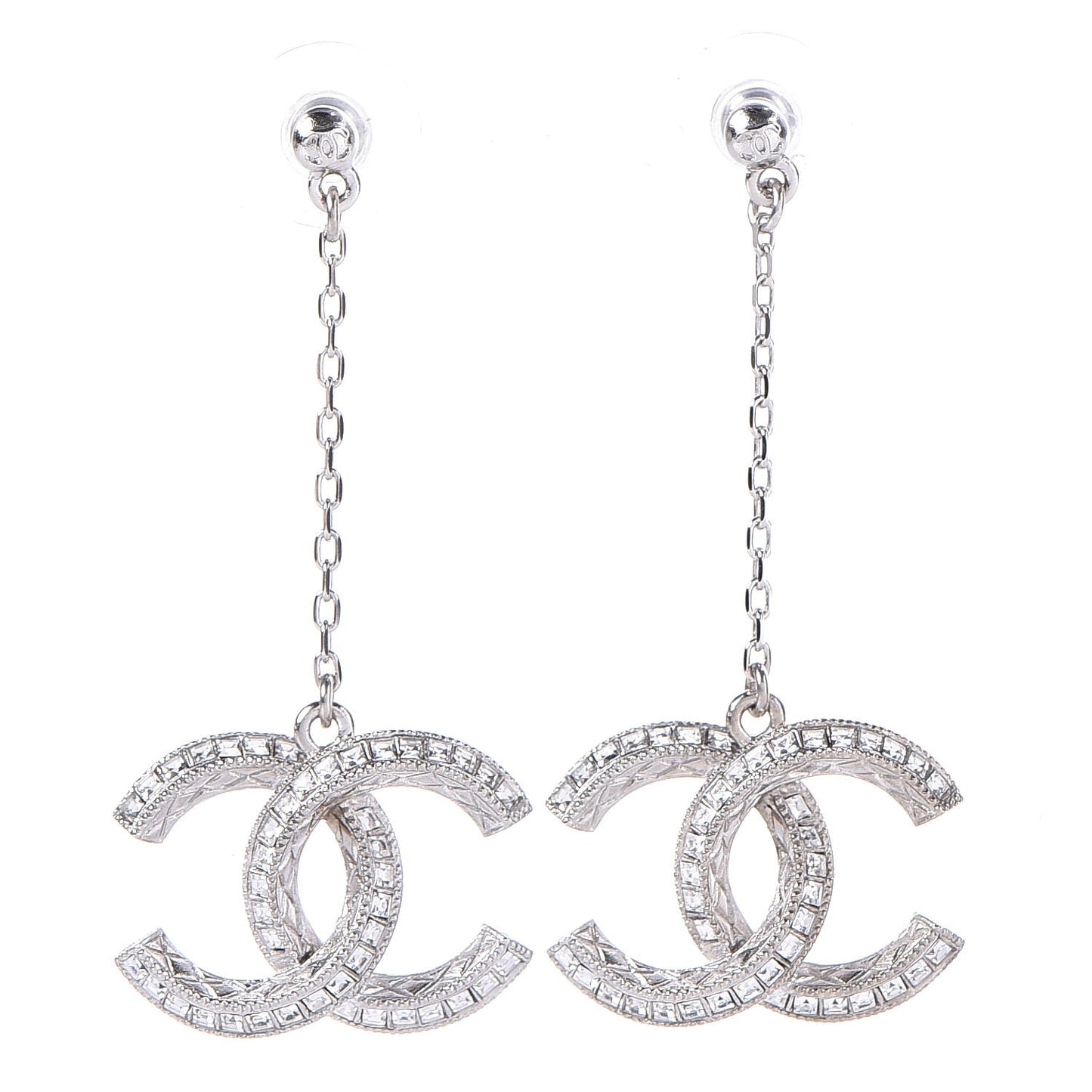 Baguette Crystal CC Drop Earrings Silver